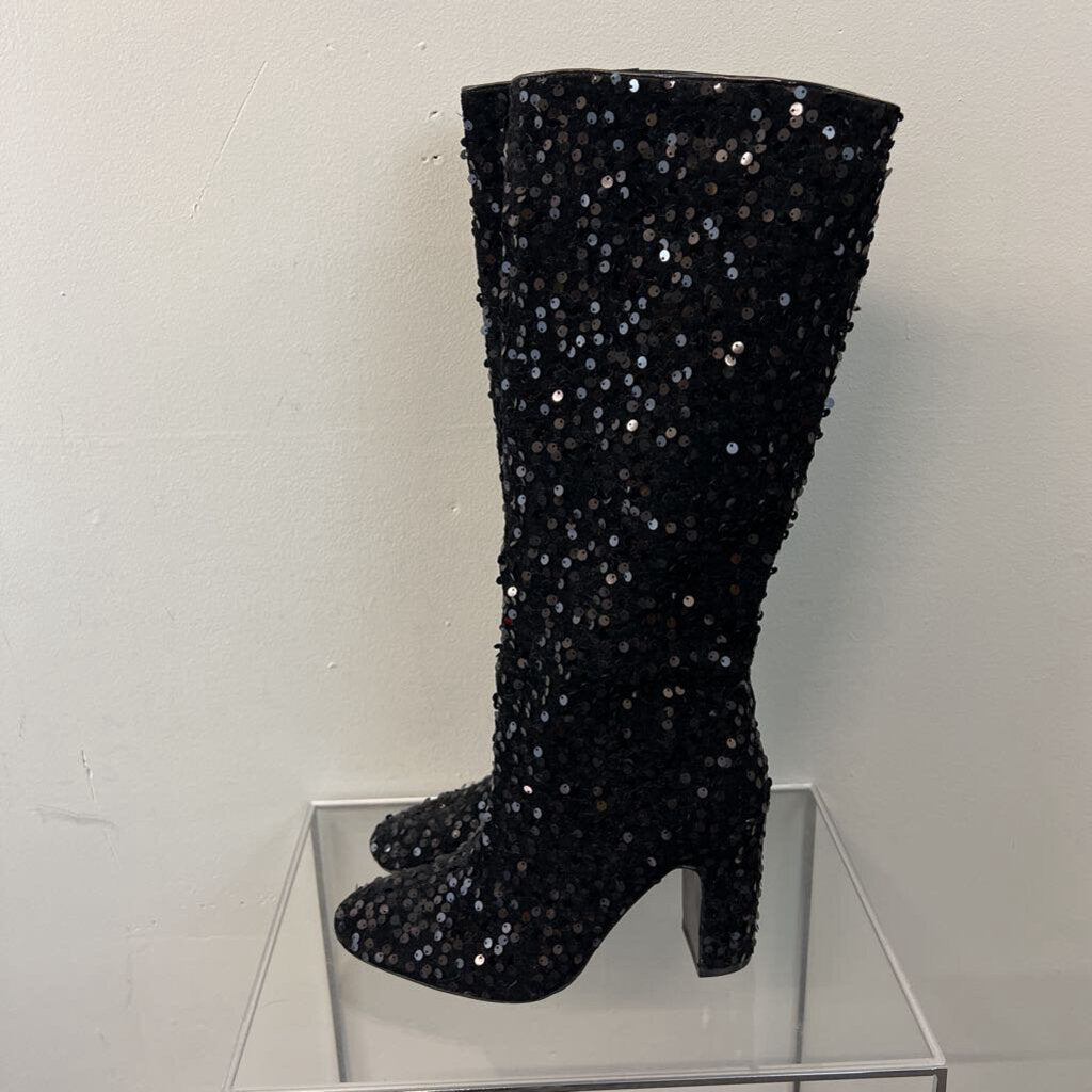 Black Sequin Tall Heel Boots 39