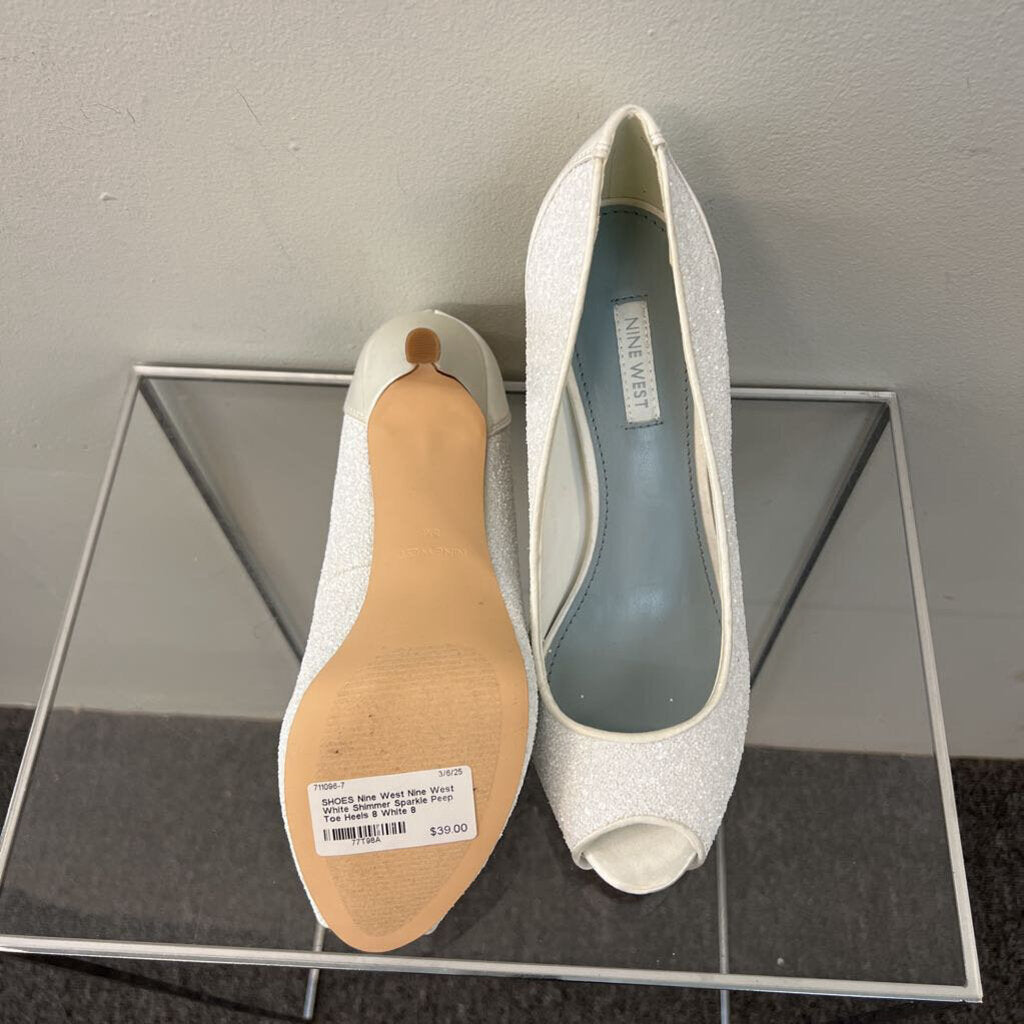 Nine West White Shimmer Sparkle Peep Toe Heels 8