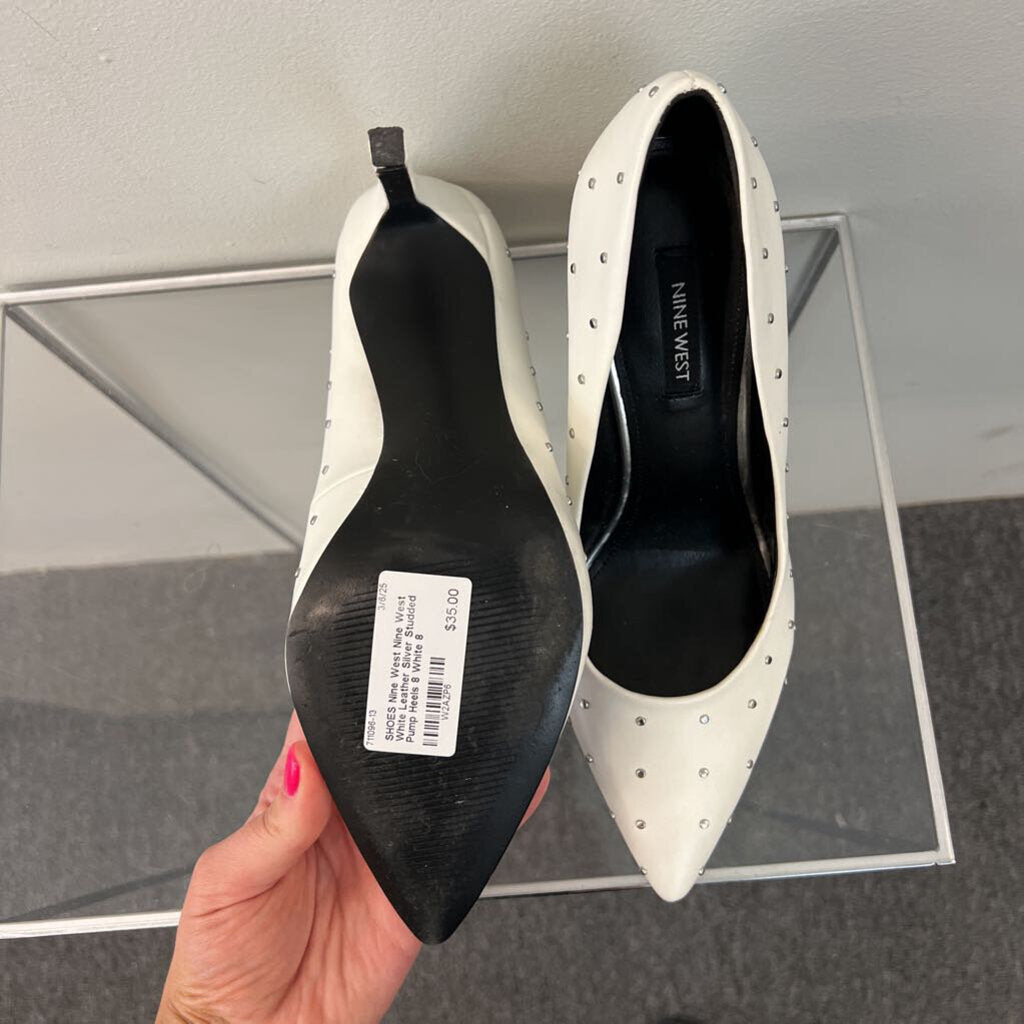 Nine West White Leather Silver Studded Pump Heels 8