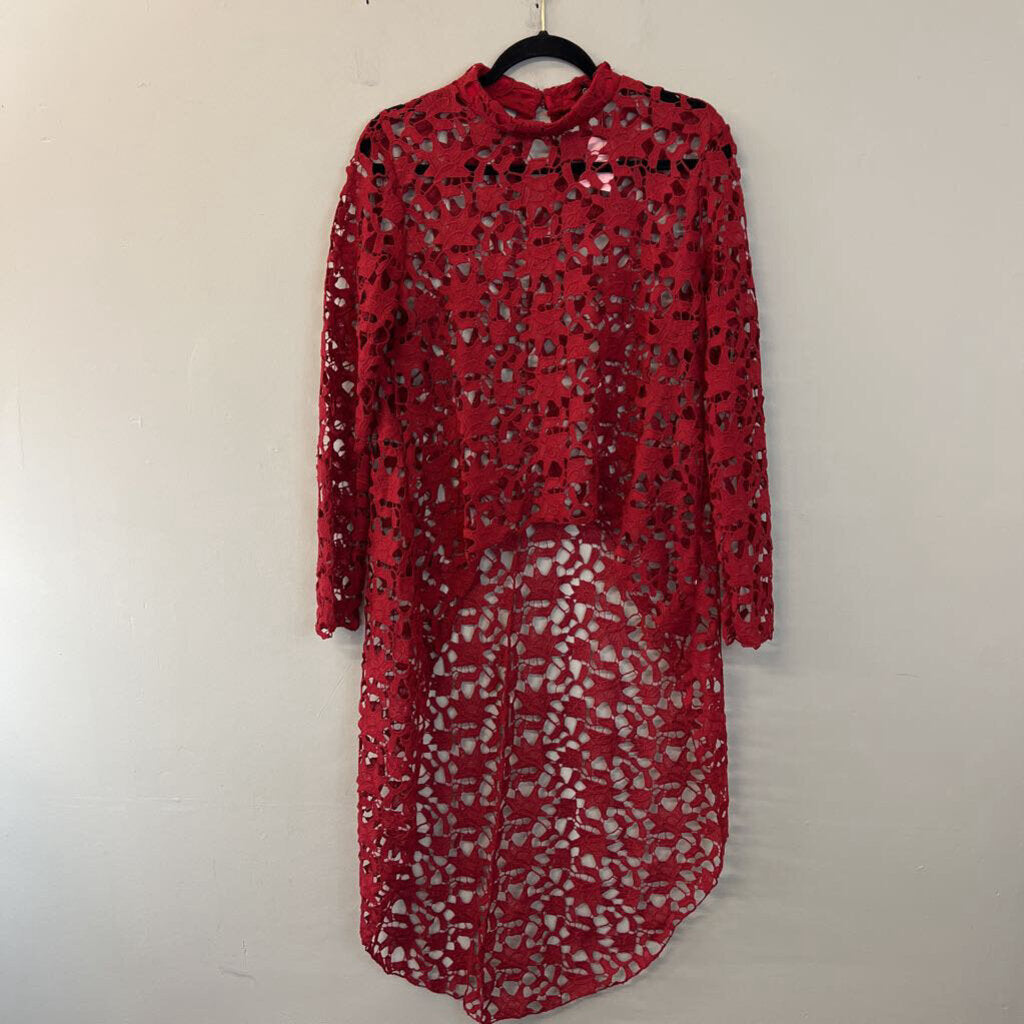 Pretty Garden Red Crochet Lace Long Sleeve High Low Top Large