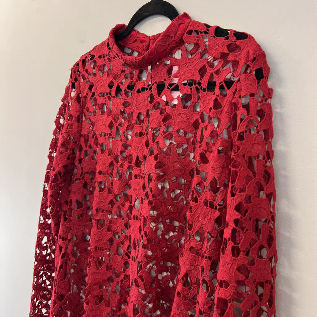 Pretty Garden Red Crochet Lace Long Sleeve High Low Top Large