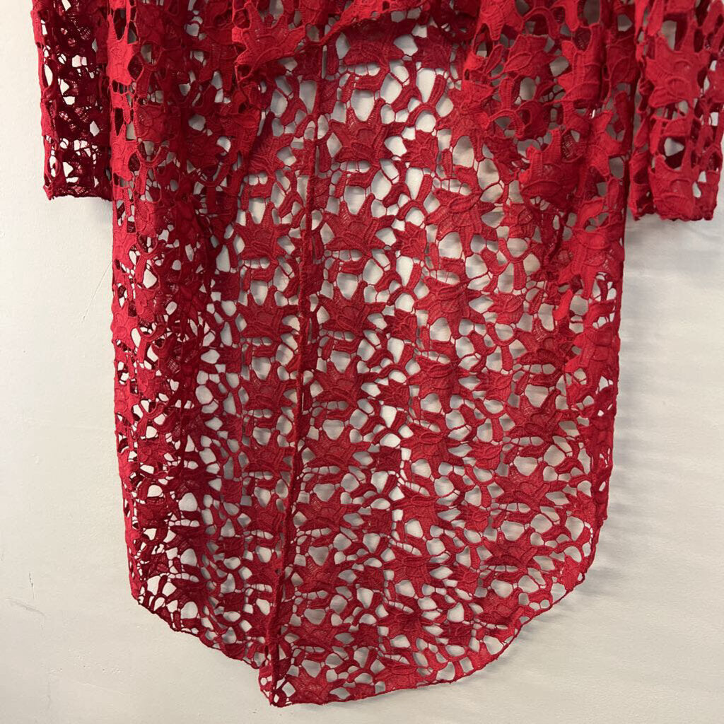 Pretty Garden Red Crochet Lace Long Sleeve High Low Top Large