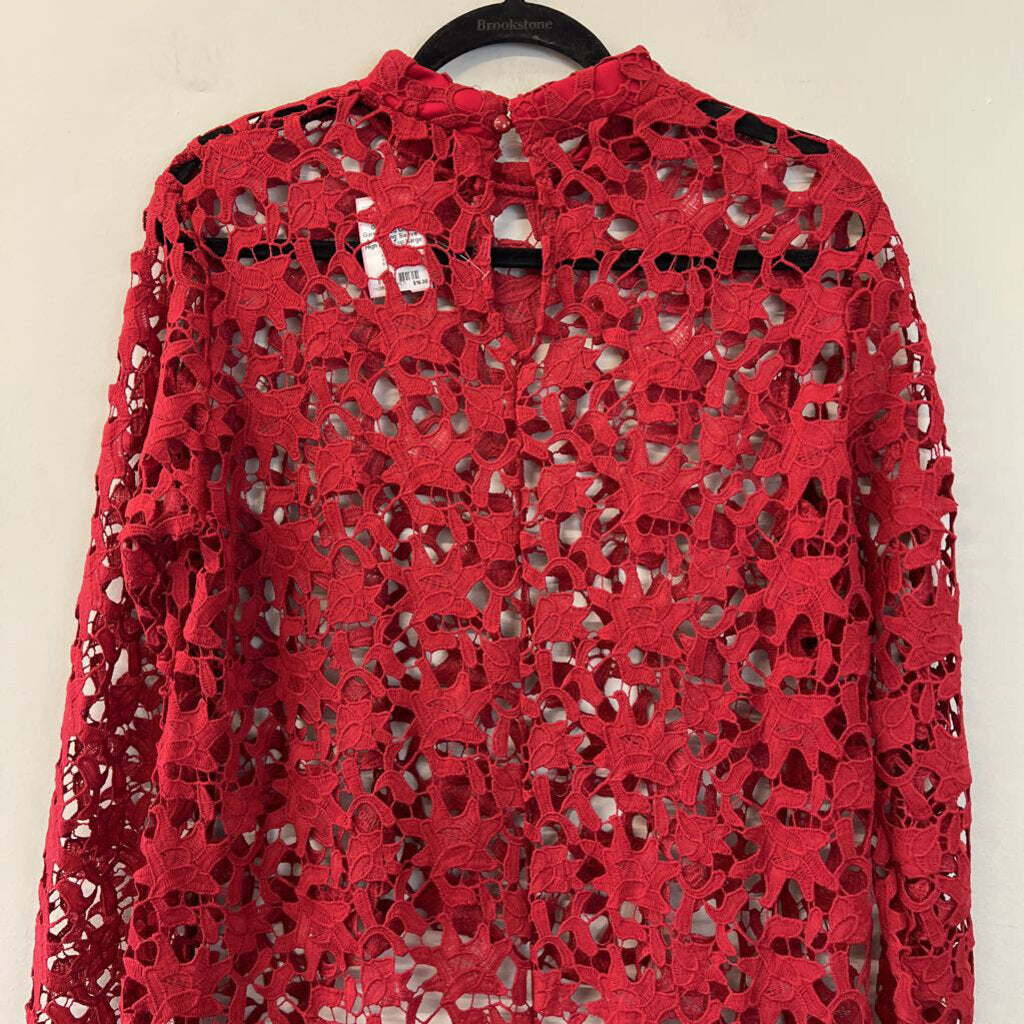 Pretty Garden Red Crochet Lace Long Sleeve High Low Top Large