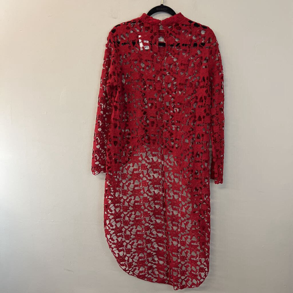 Pretty Garden Red Crochet Lace Long Sleeve High Low Top Large