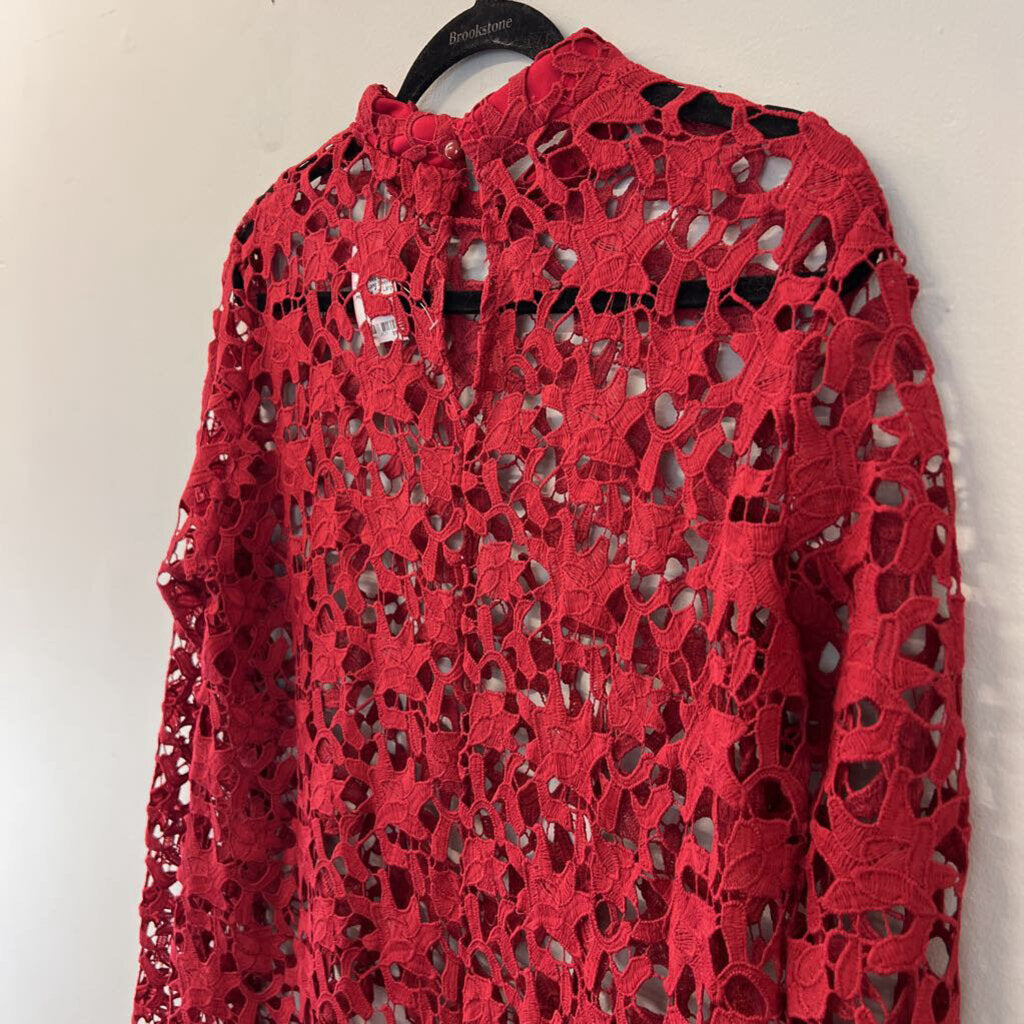 Pretty Garden Red Crochet Lace Long Sleeve High Low Top Large