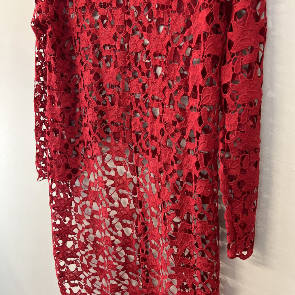 Pretty Garden Red Crochet Lace Long Sleeve High Low Top Large