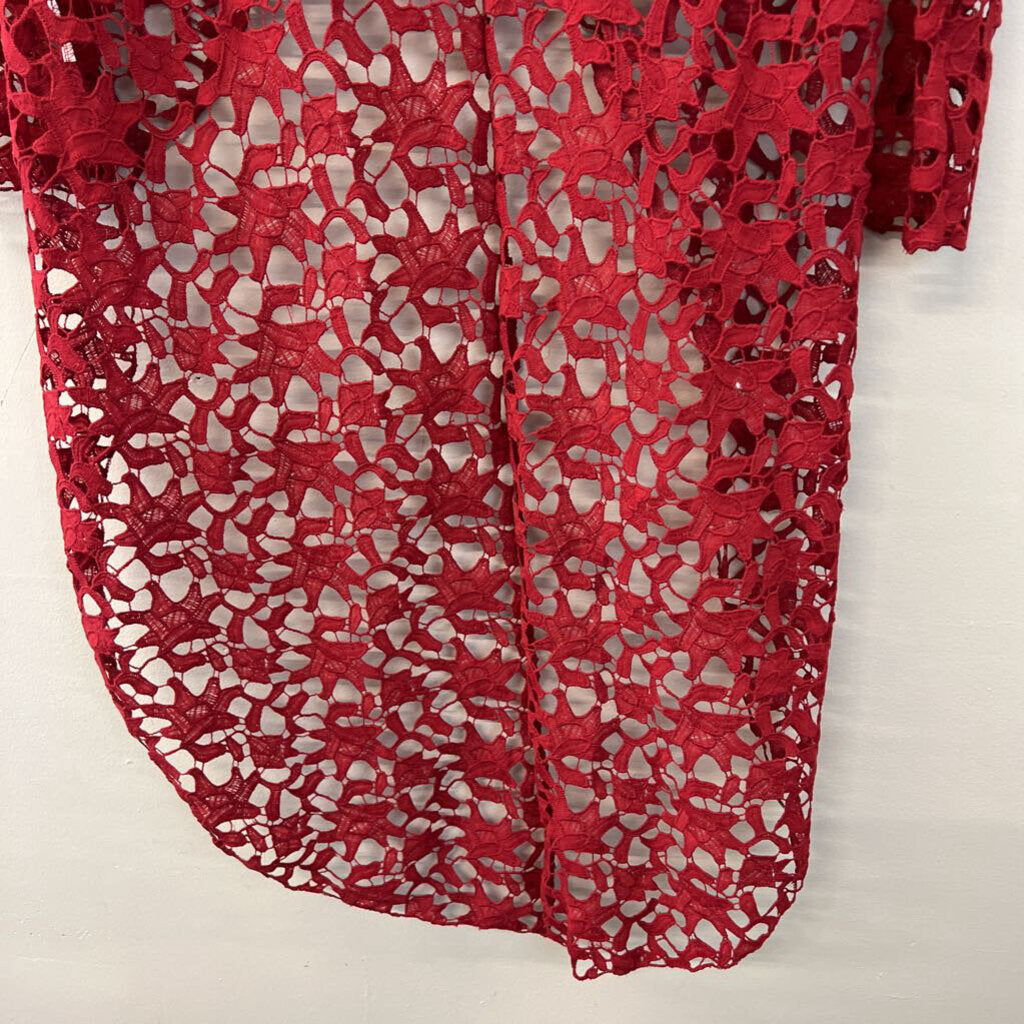 Pretty Garden Red Crochet Lace Long Sleeve High Low Top Large
