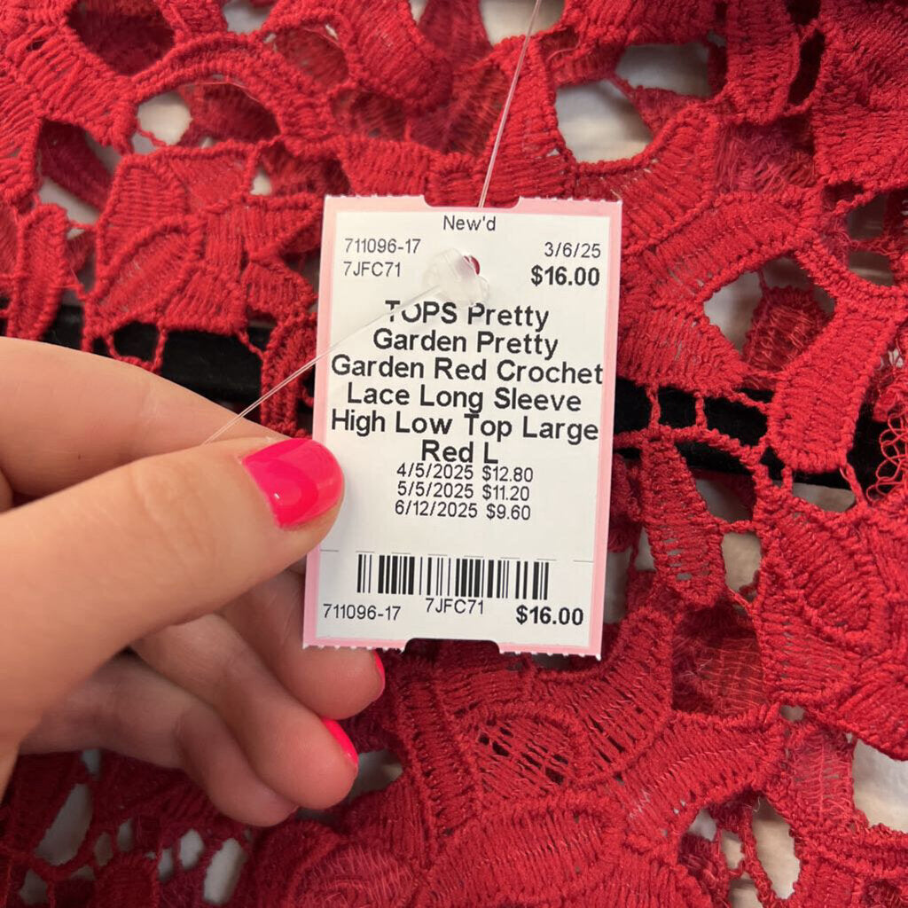 Pretty Garden Red Crochet Lace Long Sleeve High Low Top Large