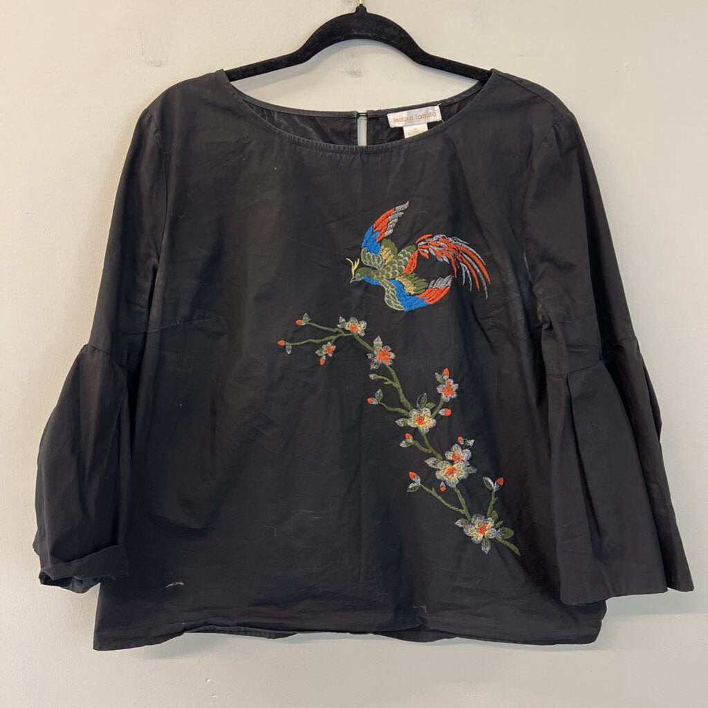 Jealous Tomato Black/ Multi Embroidered Bird Bell Sleeve Top Extra Large