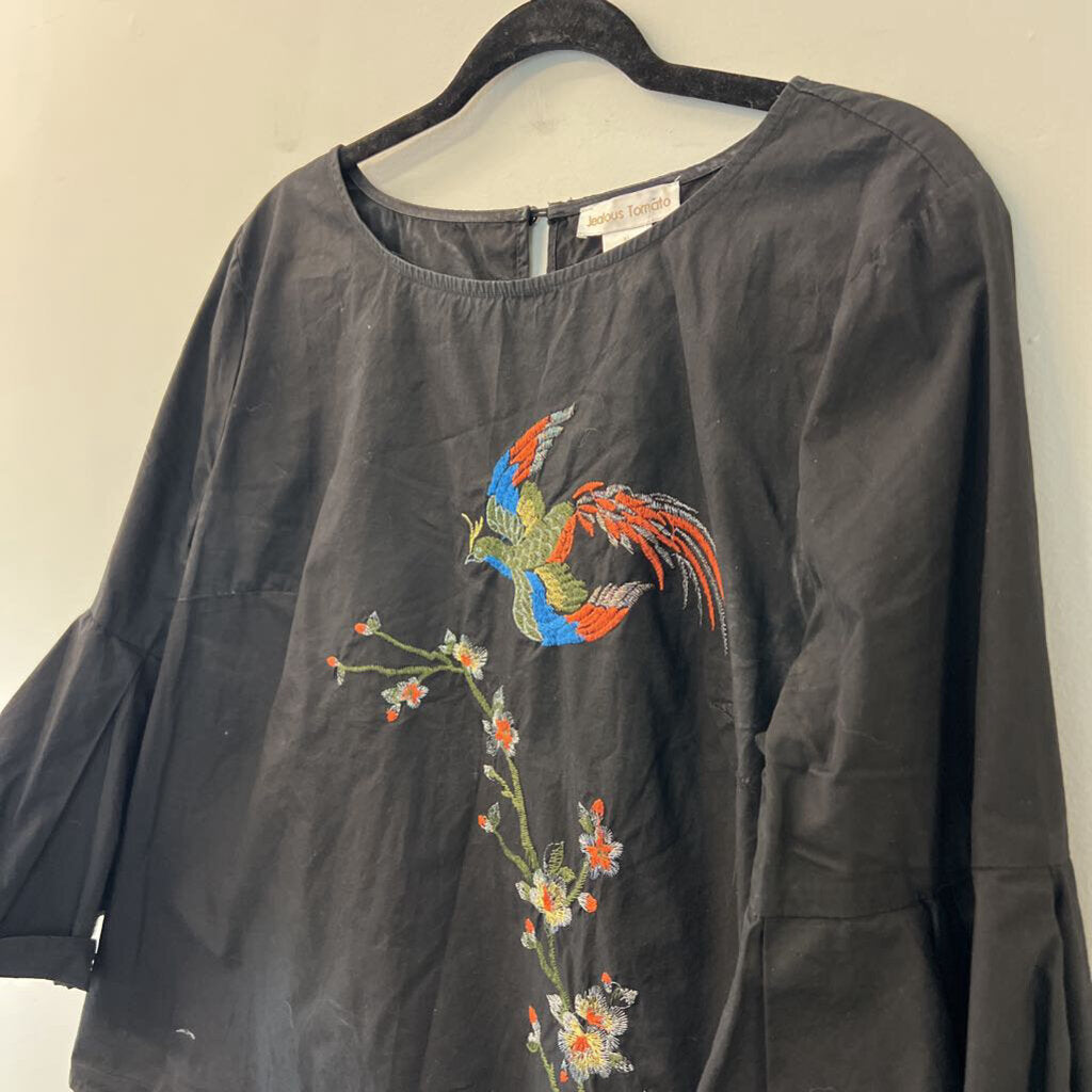 Jealous Tomato Black/ Multi Embroidered Bird Bell Sleeve Top Extra Large