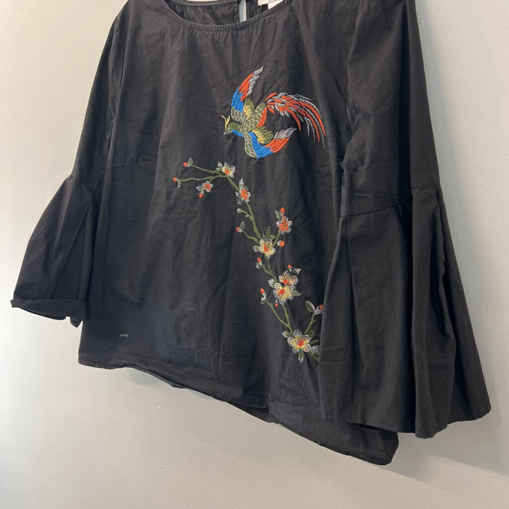 Jealous Tomato Black/ Multi Embroidered Bird Bell Sleeve Top Extra Large