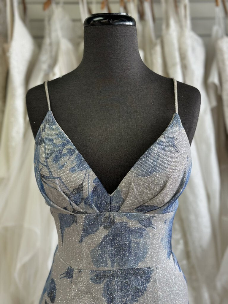 B. Darlin Silver/Blue Long Floral Sheath Gown 9/10