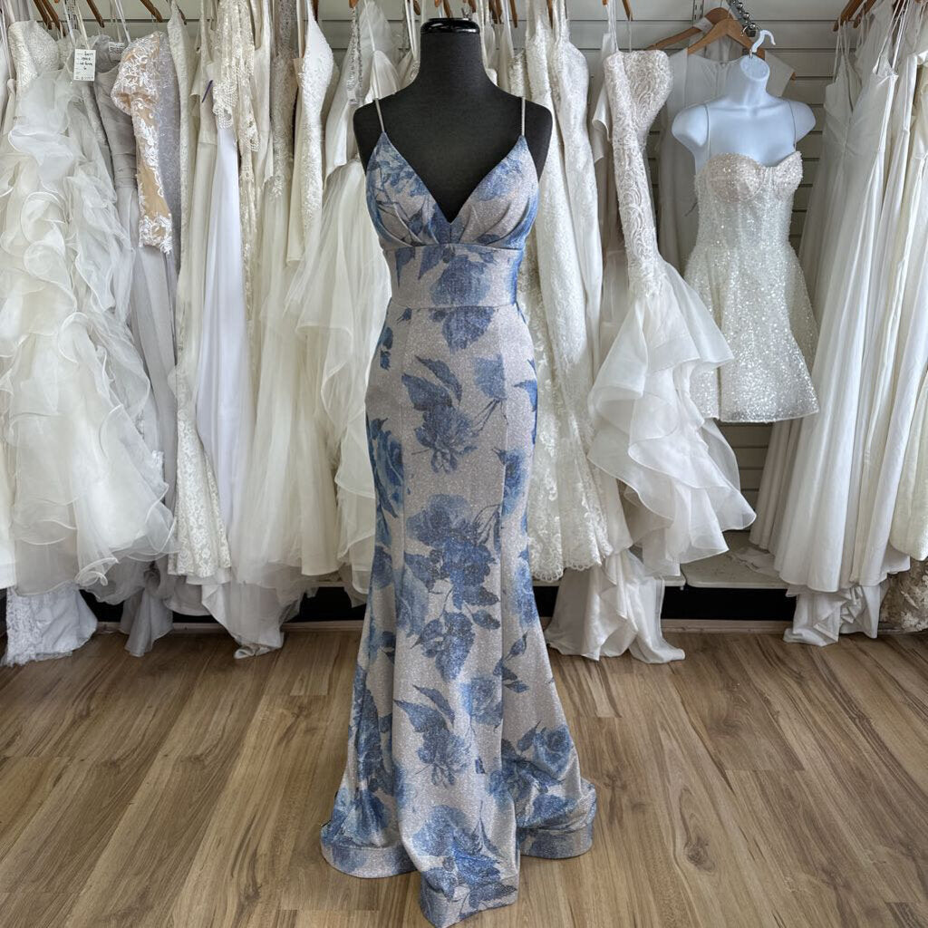 B. Darlin Silver/Blue Long Floral Sheath Gown 9/10