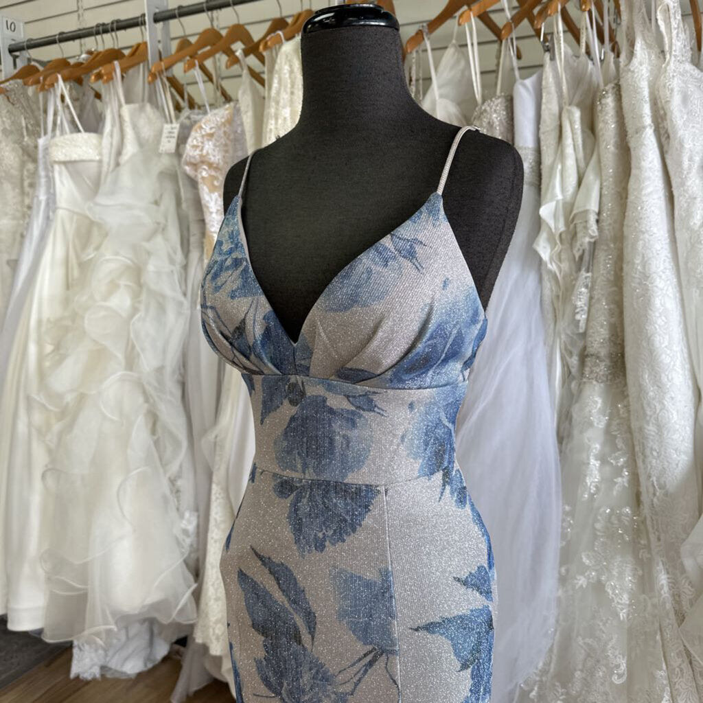 B. Darlin Silver/Blue Long Floral Sheath Gown 9/10