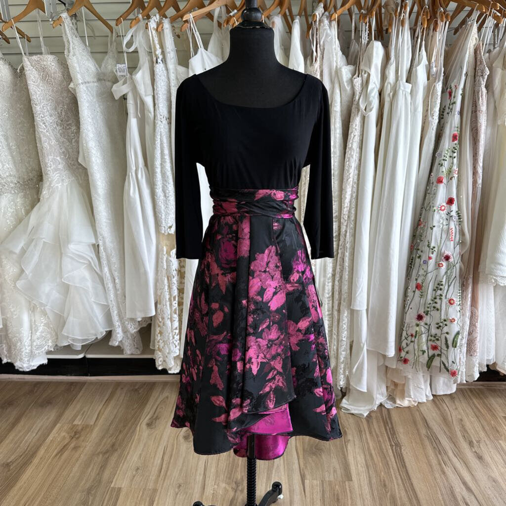 R&M Richards Black/ Pink Flower Print Long Sleeve High Low Dress 14