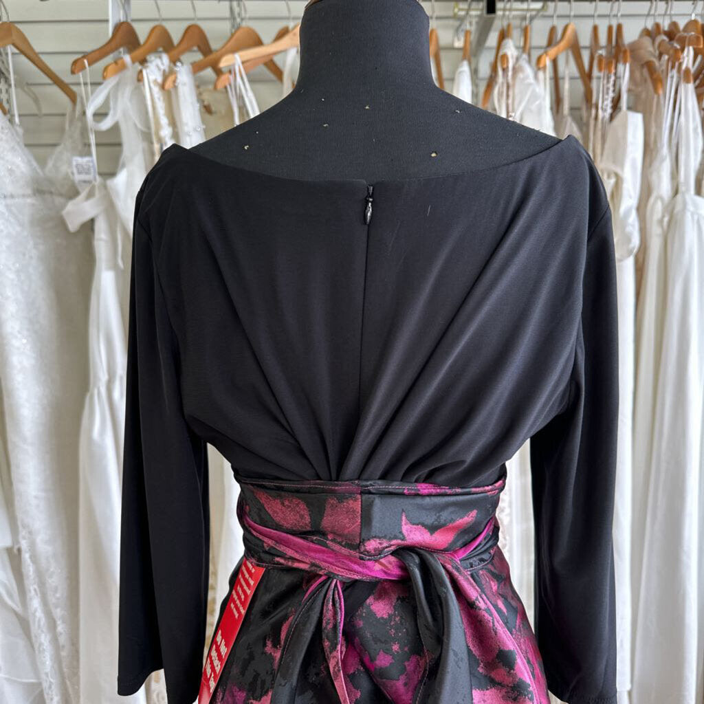 R&M Richards Black/ Pink Flower Print Long Sleeve High Low Dress 14