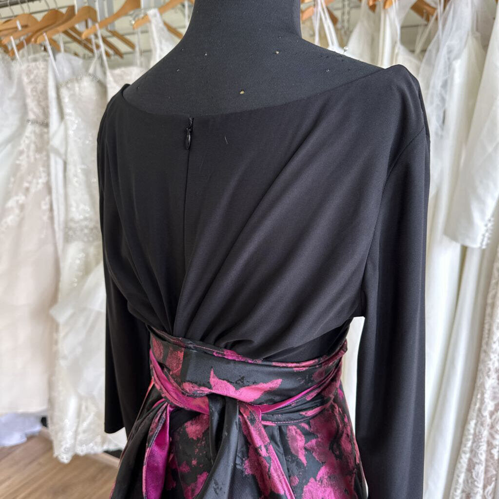 R&M Richards Black/ Pink Flower Print Long Sleeve High Low Dress 14