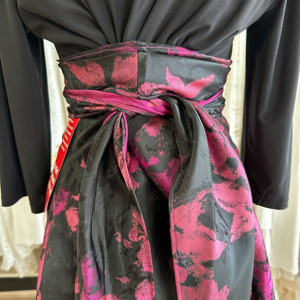 R&M Richards Black/ Pink Flower Print Long Sleeve High Low Dress 14