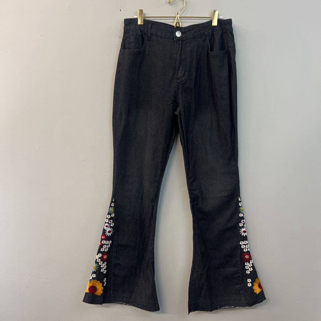 Black/ Multi Embroidered Flare Pants Large