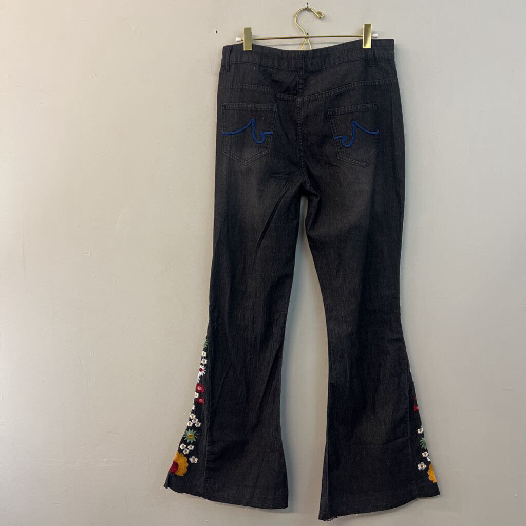 Black/ Multi Embroidered Flare Pants Large
