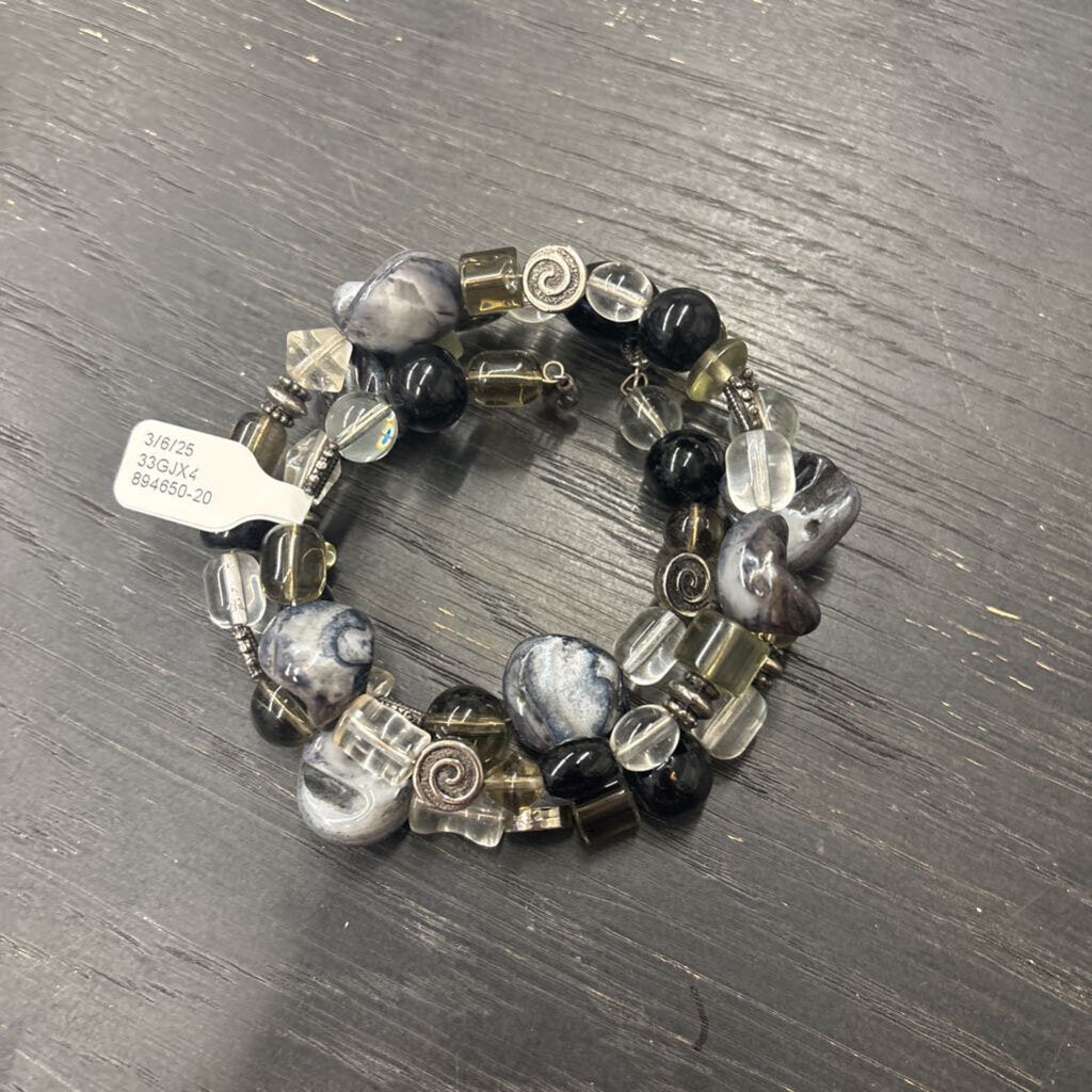 Silver/ Black/ Grey Beaded Wrap Around Bracelet