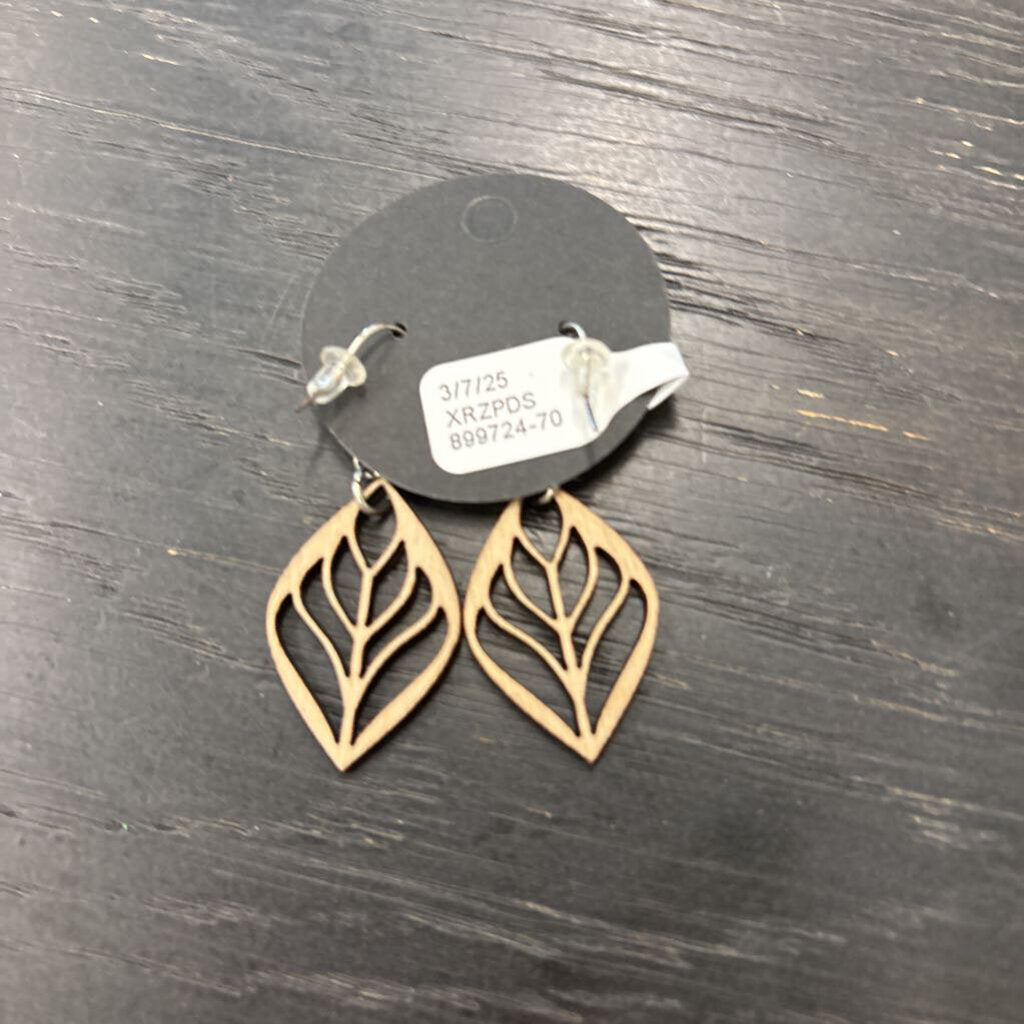 Wood Natural Leaf Laser Cut Drop Earrings