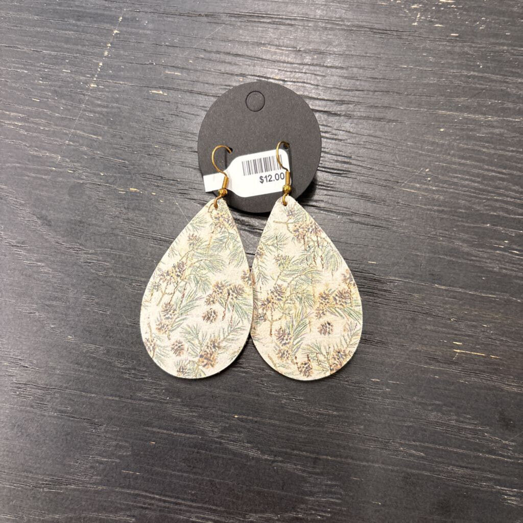 White/ Multi Pinecone Print Leather Teardrop Earrings