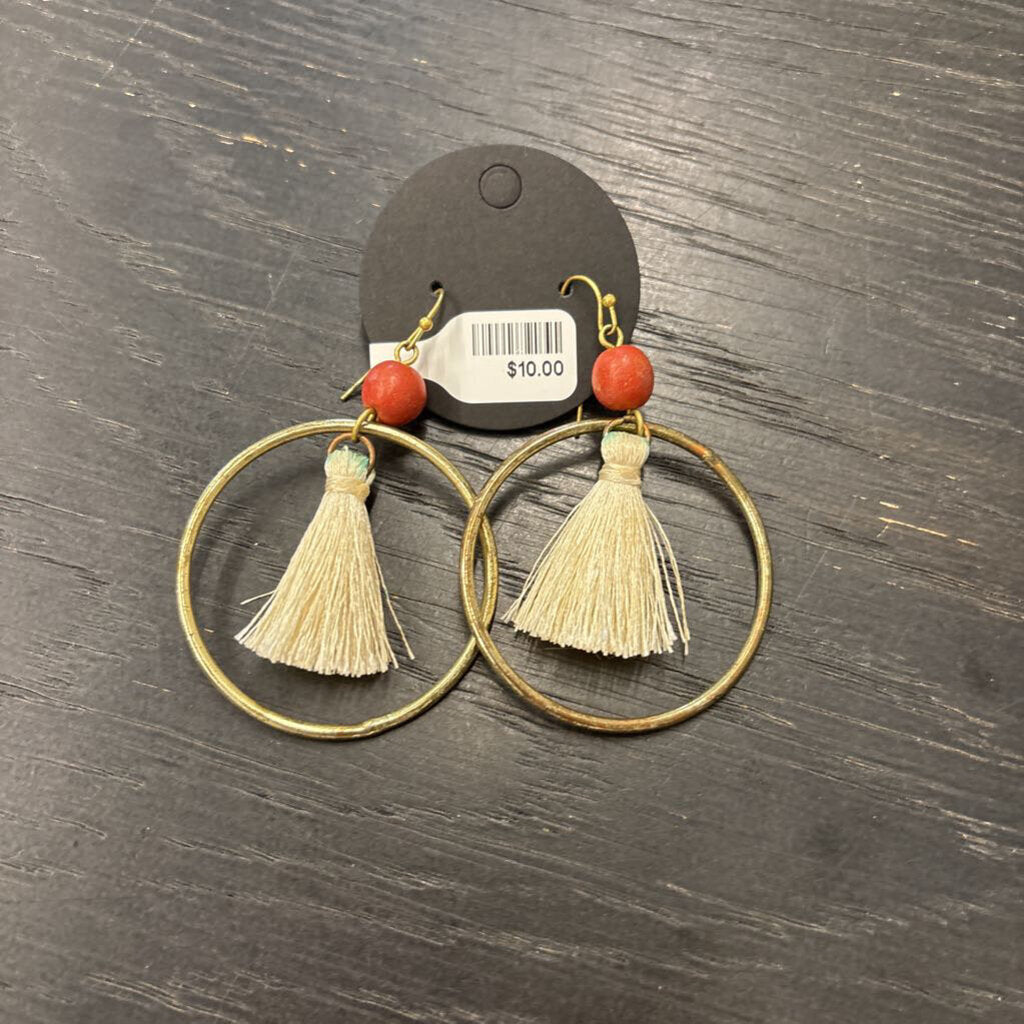 Gold/ Orange Bead Cream Tassel Drop Circle Earrings