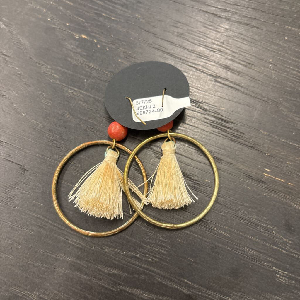 Gold/ Orange Bead Cream Tassel Drop Circle Earrings