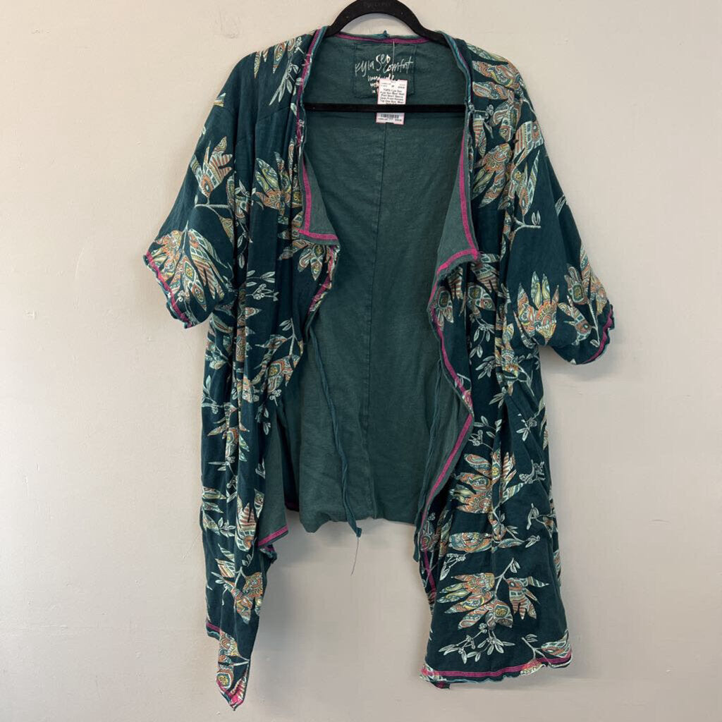 Kyla Seo Blue/ Multi Print Short Sleeve Open Front Kimono Top One Size