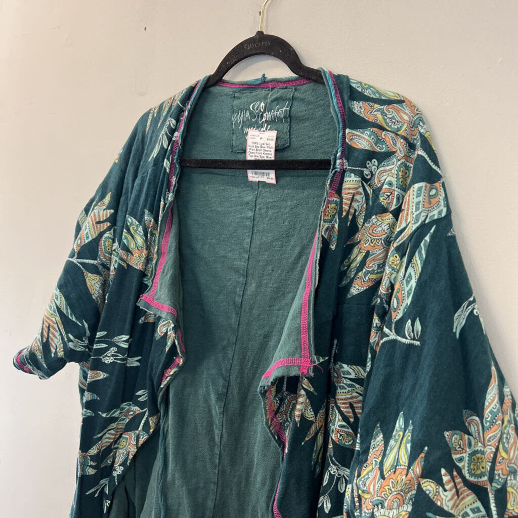 Kyla Seo Blue/ Multi Print Short Sleeve Open Front Kimono Top One Size