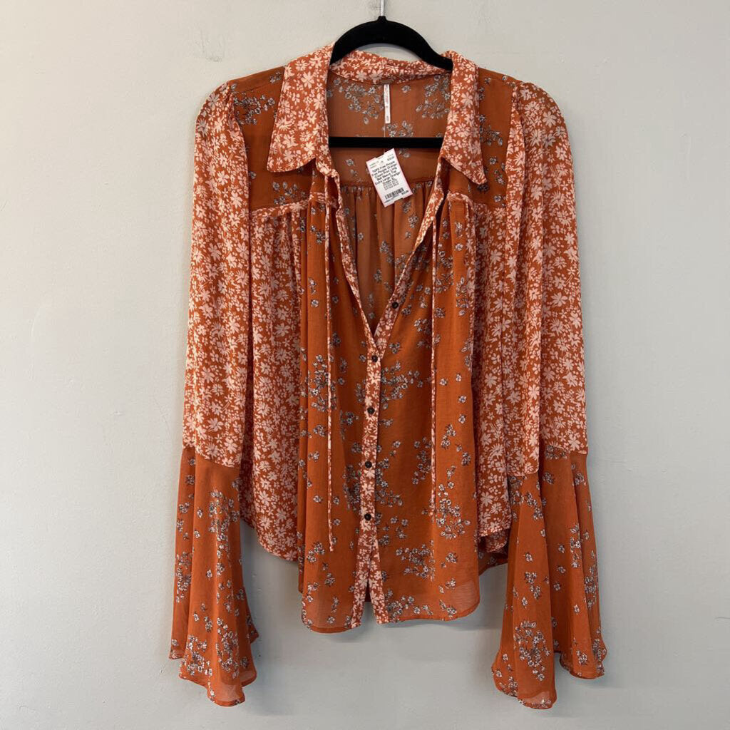 Free People Orange/ Cream Print Long Bell Sleeve Top Extra Large