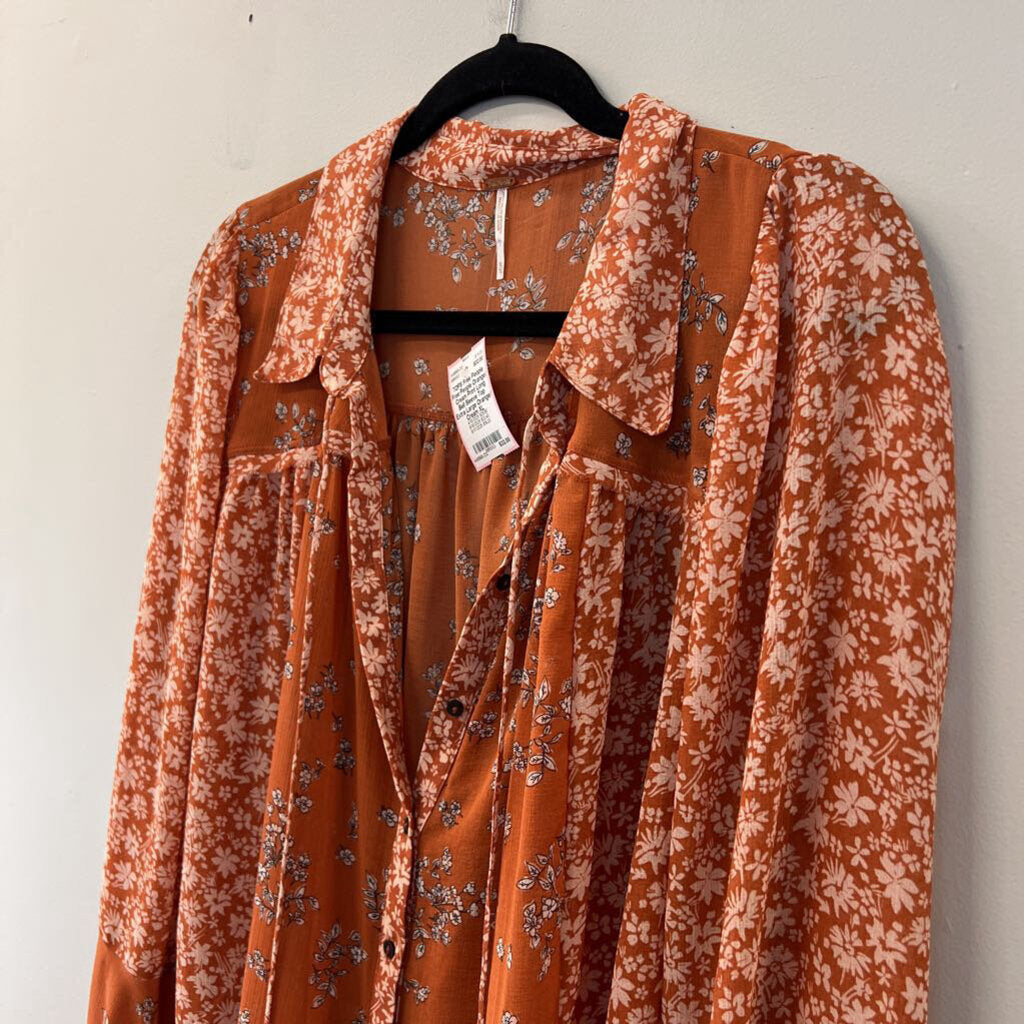 Free People Orange/ Cream Print Long Bell Sleeve Top Extra Large
