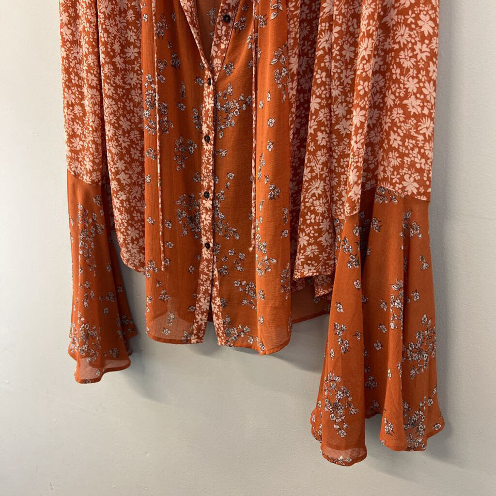 Free People Orange/ Cream Print Long Bell Sleeve Top Extra Large
