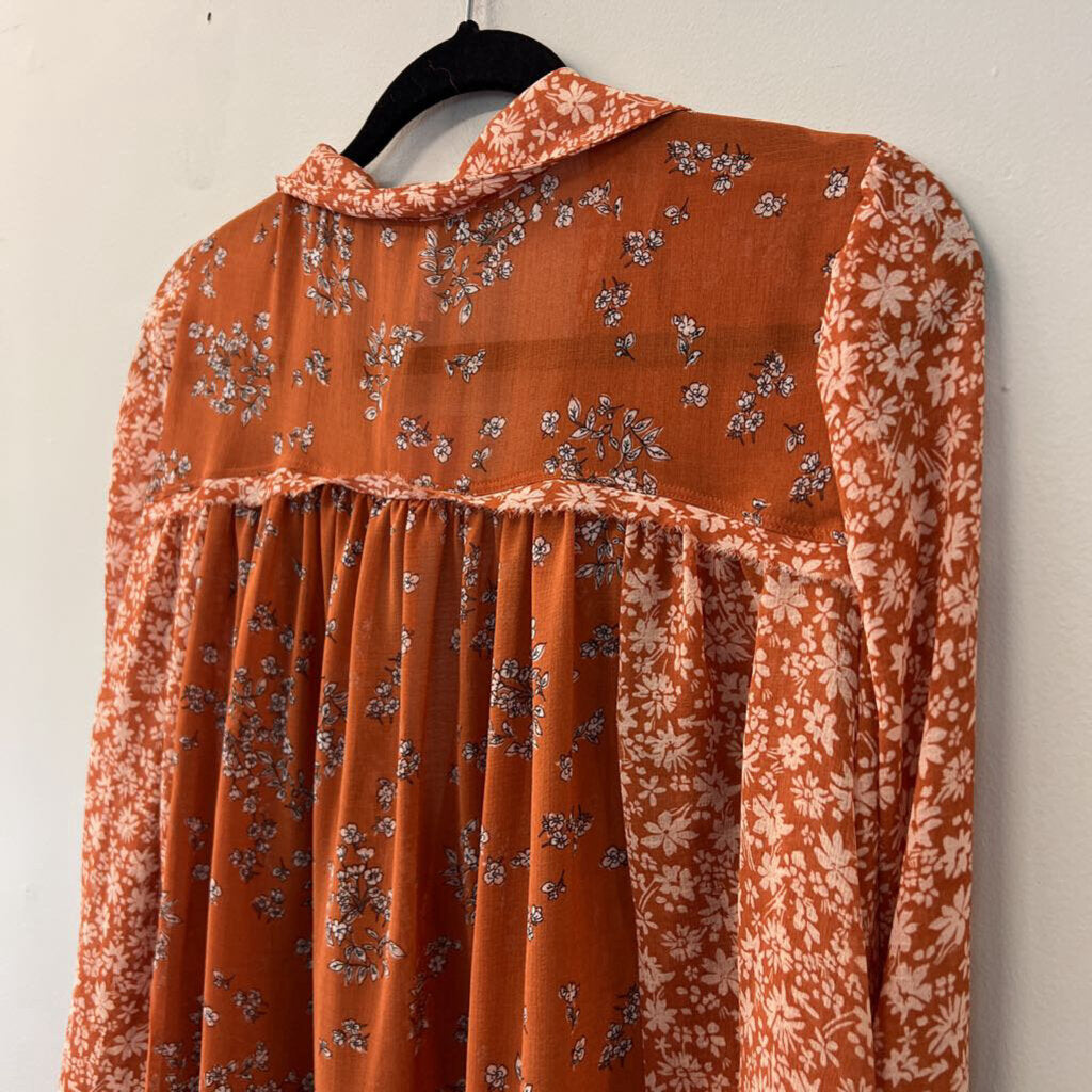 Free People Orange/ Cream Print Long Bell Sleeve Top Extra Large