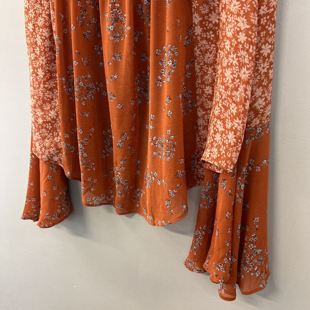 Free People Orange/ Cream Print Long Bell Sleeve Top Extra Large