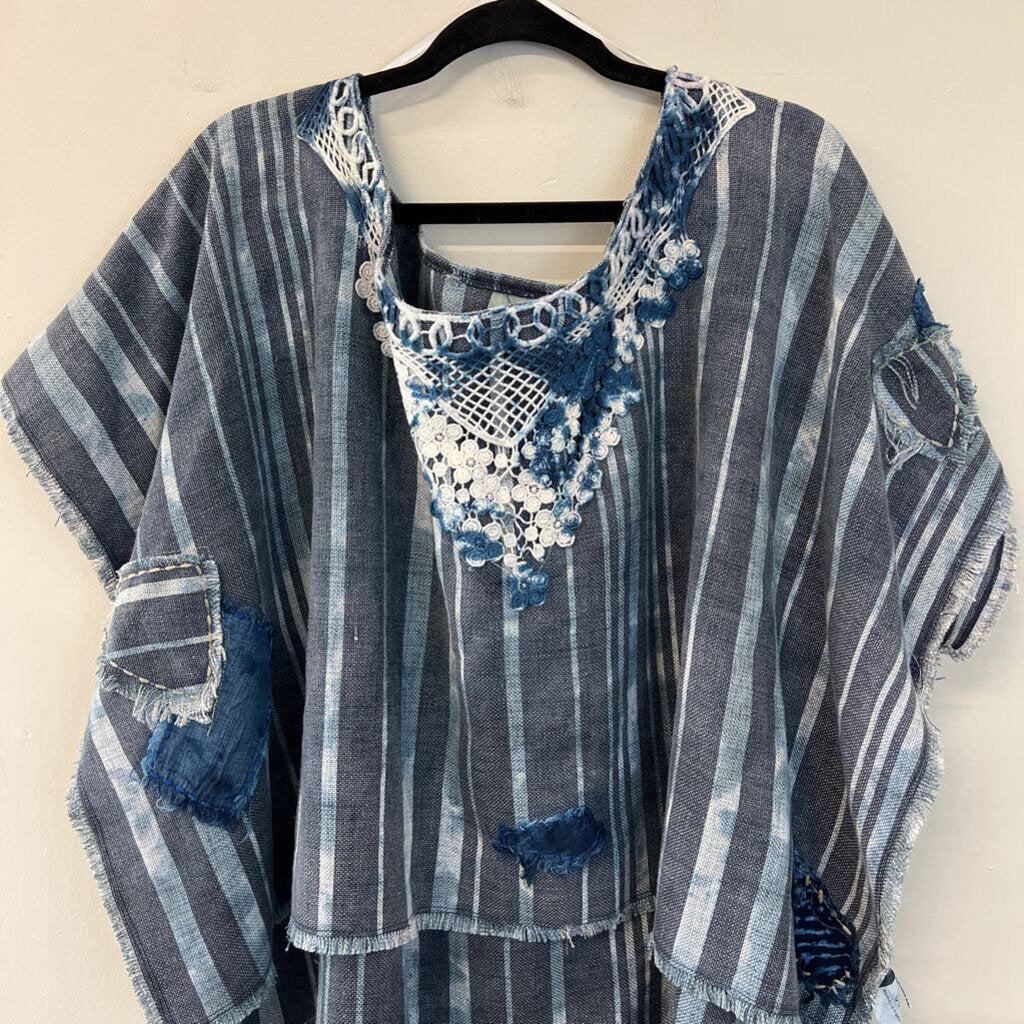 Jaded Gypsy Blue Striped Crochet Detail Poncho Top One Size