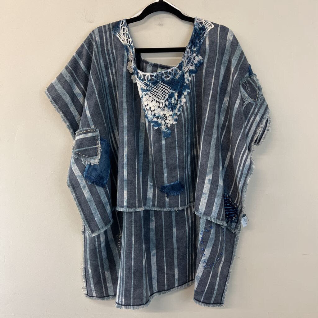 Jaded Gypsy Blue Striped Crochet Detail Poncho Top One Size