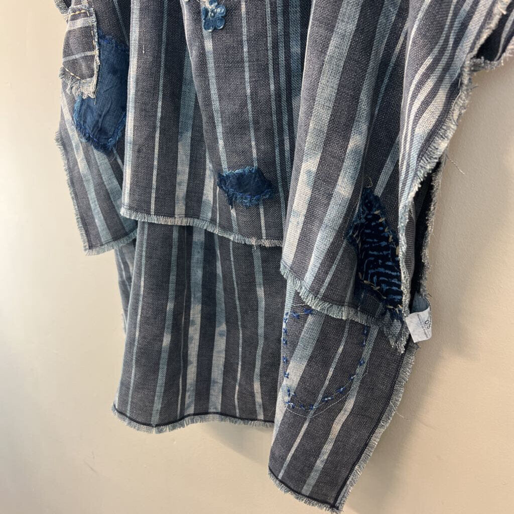 Jaded Gypsy Blue Striped Crochet Detail Poncho Top One Size