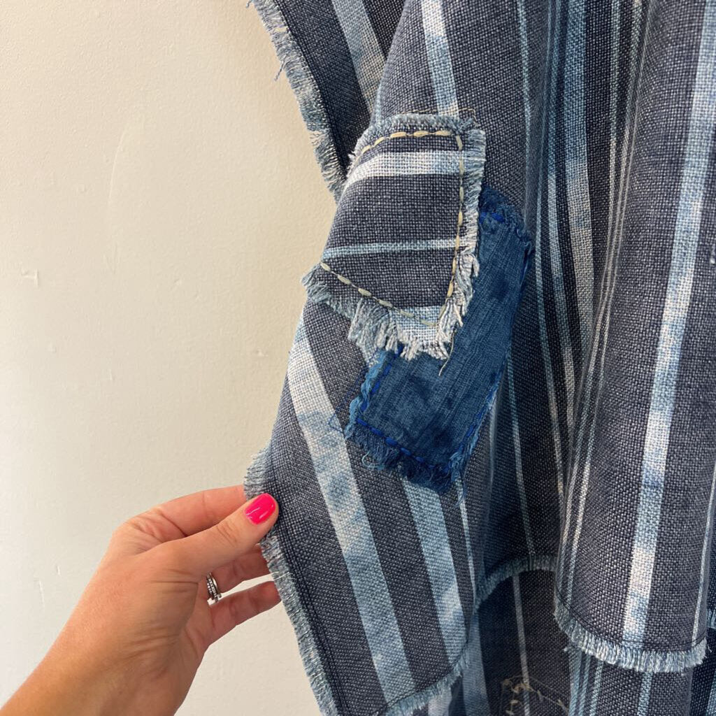 Jaded Gypsy Blue Striped Crochet Detail Poncho Top One Size