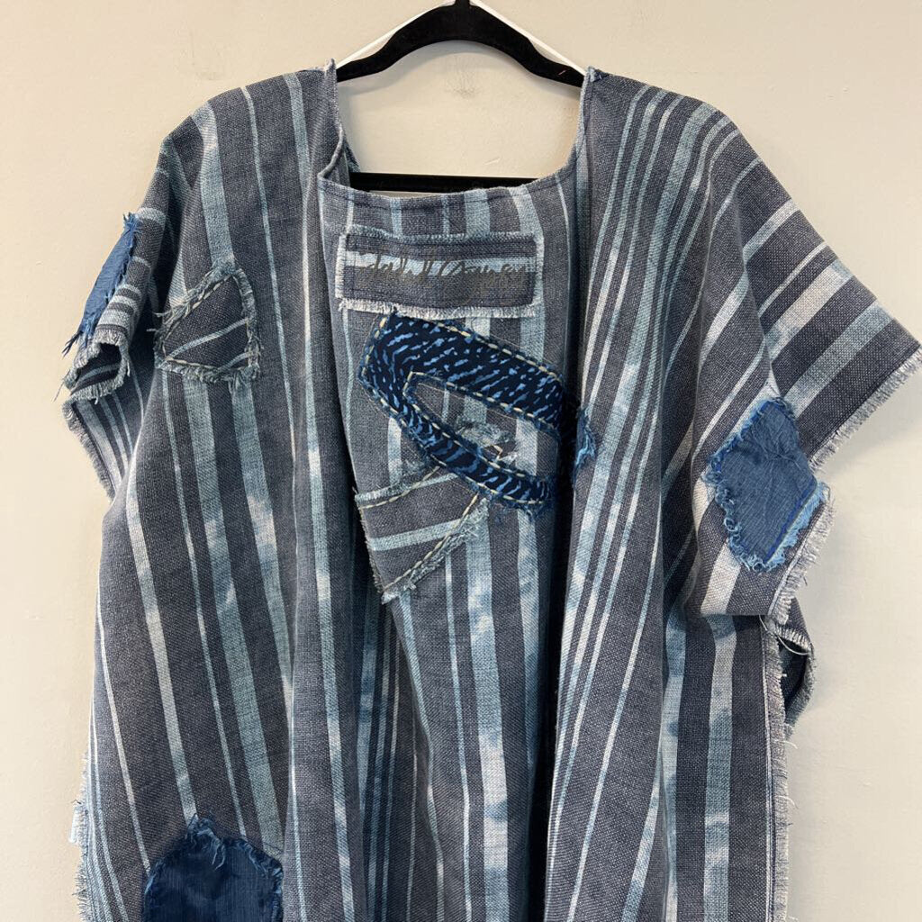 Jaded Gypsy Blue Striped Crochet Detail Poncho Top One Size