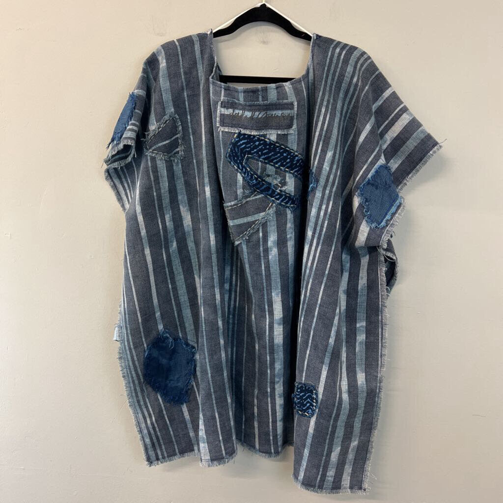 Jaded Gypsy Blue Striped Crochet Detail Poncho Top One Size