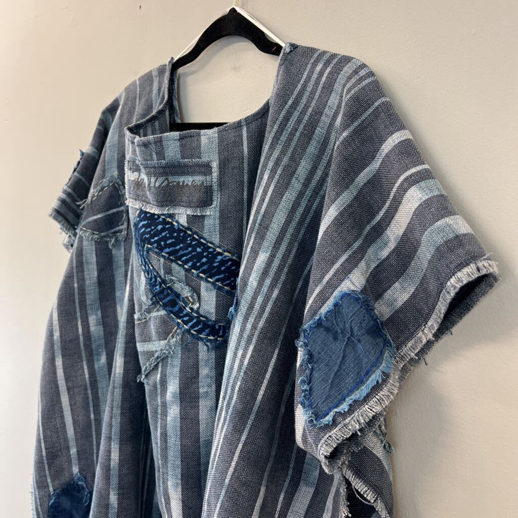 Jaded Gypsy Blue Striped Crochet Detail Poncho Top One Size