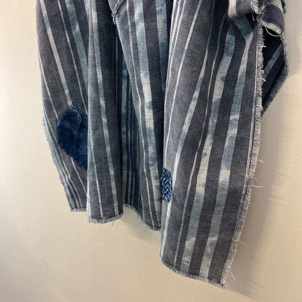 Jaded Gypsy Blue Striped Crochet Detail Poncho Top One Size