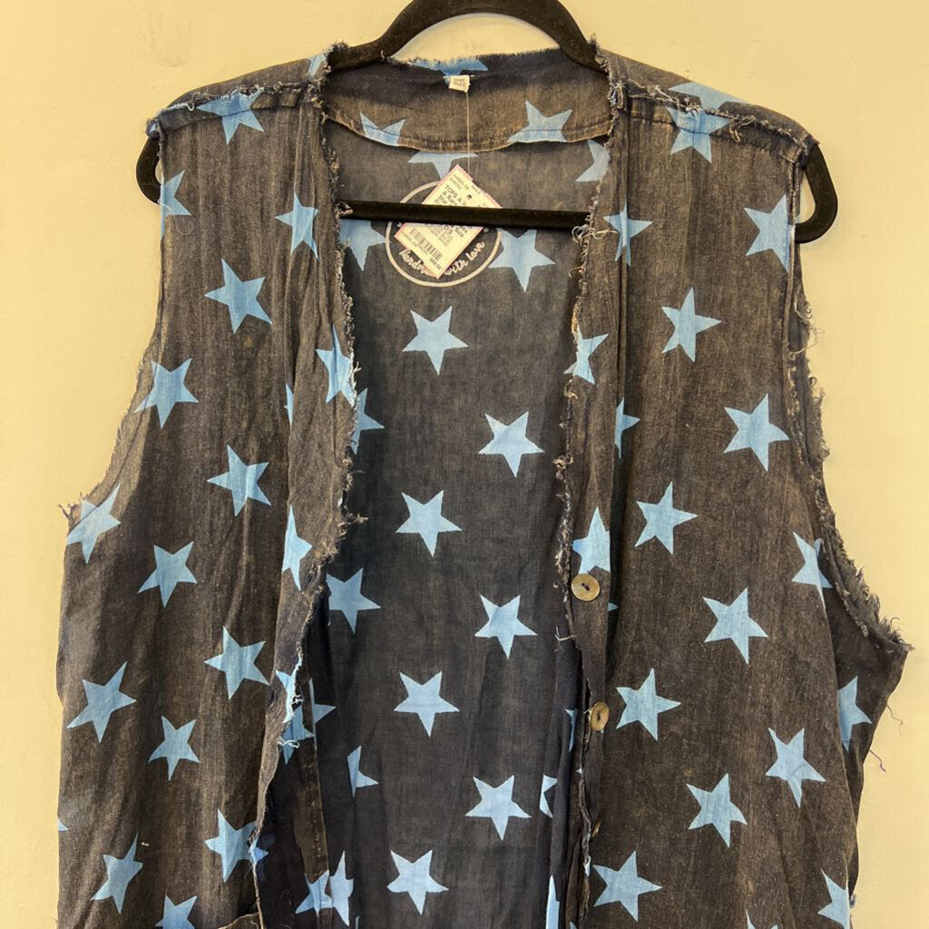 A Rare Bird Blue Star Print Button Front Sleeveless Duster One Size