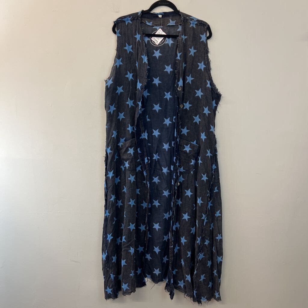 A Rare Bird Blue Star Print Button Front Sleeveless Duster One Size