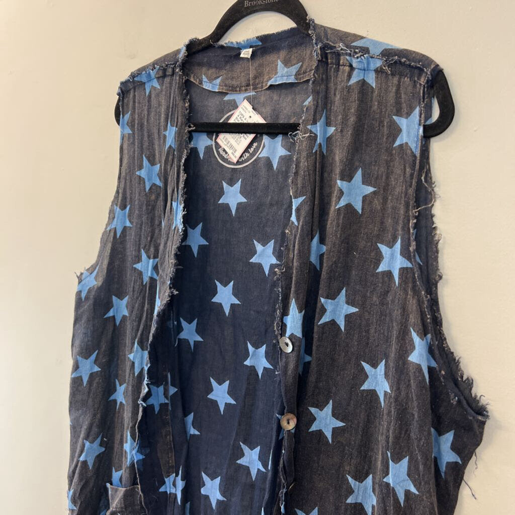 A Rare Bird Blue Star Print Button Front Sleeveless Duster One Size
