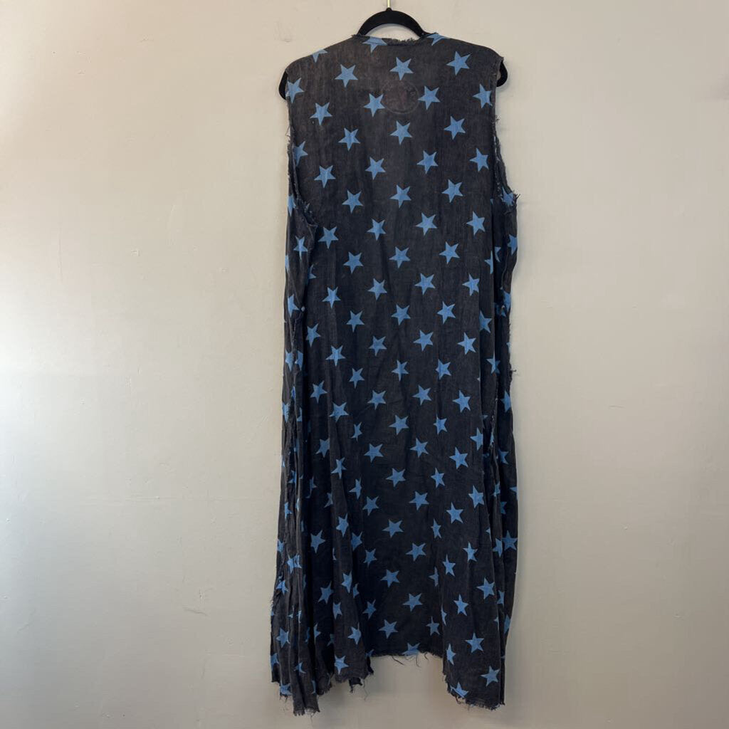 A Rare Bird Blue Star Print Button Front Sleeveless Duster One Size