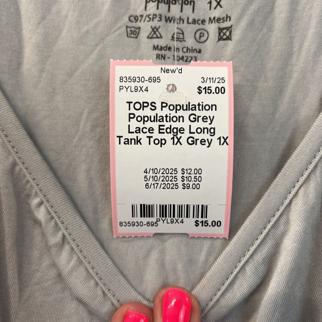 Population Grey Lace Edge Long Tank Top 1X