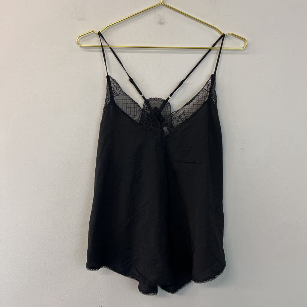 Love Stitch Black Lace Edge V Neck Tank Top Large